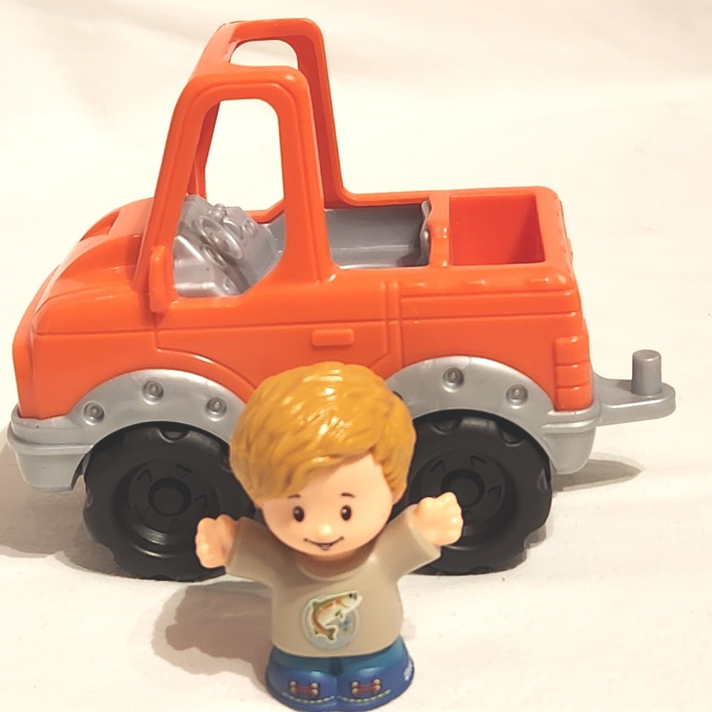 Fisher Price Little People Orange Jeep Help A Friend Boy with Fish on Shirt ATV